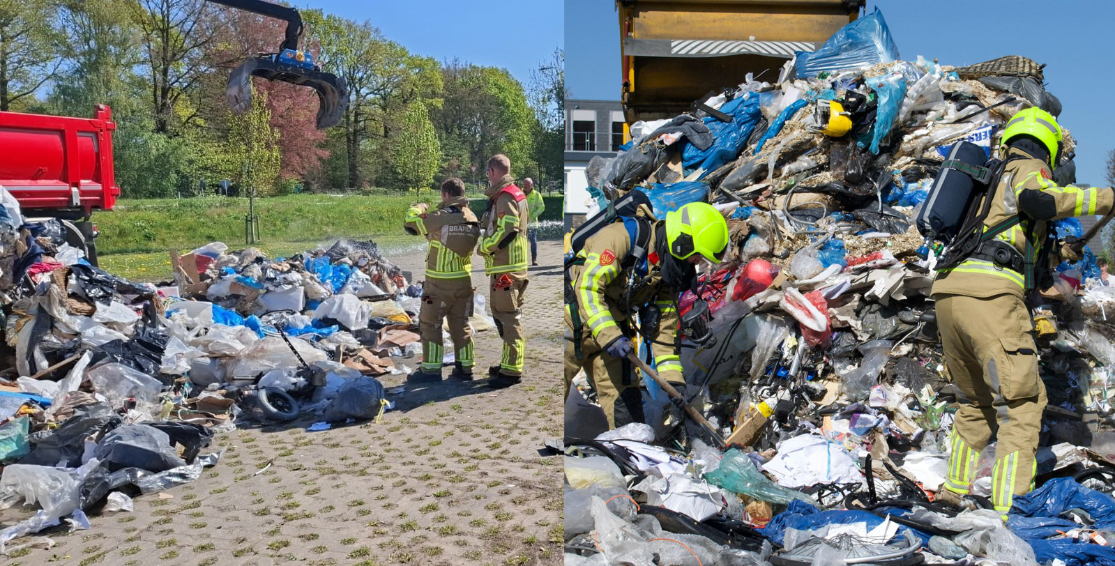 Vuilniswagen dumpt afval op straat vanwege brand in laadbak in Nijkerk