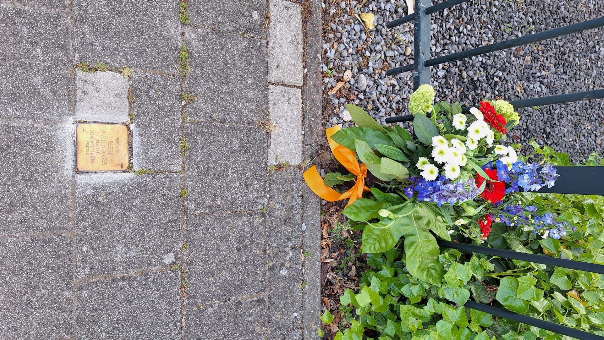 Oranjecomité Nijkerkerveen legt bloemen bij struikelsteen Van Dijkhuizenstraat