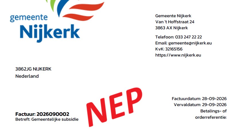 Nepbrief van de gemeente Nijkerk in omloop over thuisbatterij
